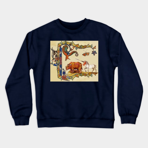 WEIRD MEDIEVAL BESTIARY, DRAGON,UNICORN ,RHINO AND KILLER RABBIT Crewneck Sweatshirt by BulganLumini